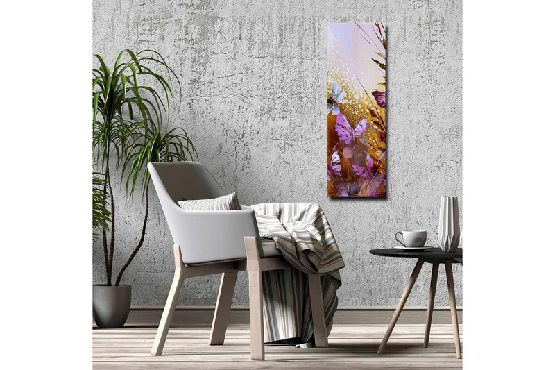 Lerretsbilde - Fargerike sommerfugler i et abstrakt naturmiljø - Lilla / Gull / Blå - Innredning - Bilder & kunst - Lerretsbilder