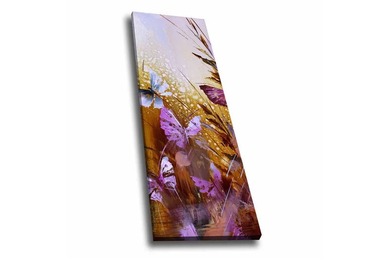 Lerretsbilde - Fargerike sommerfugler i et abstrakt naturmiljø, Lilla / Gull / Blå