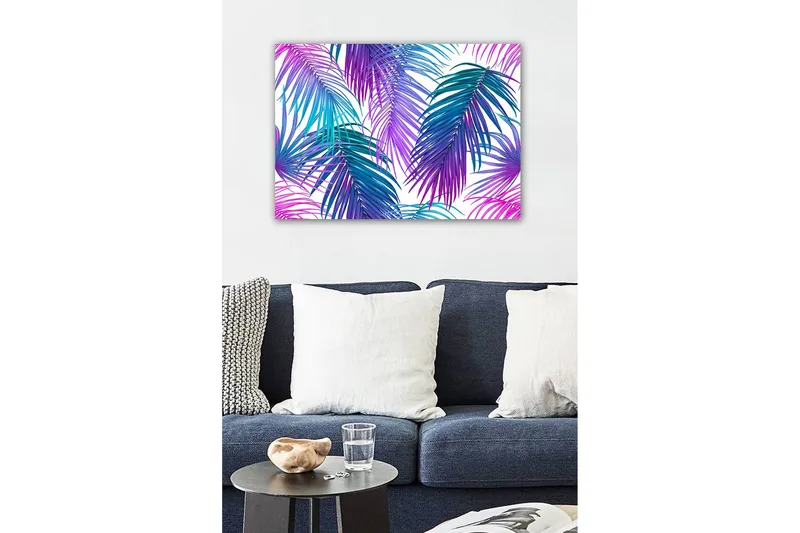 Lerretsbilde - Fargerike palmeblader i en levende komposisjon - Lilla / Turkis / Blå - Innredning - Bilder & kunst - Lerretsbilder