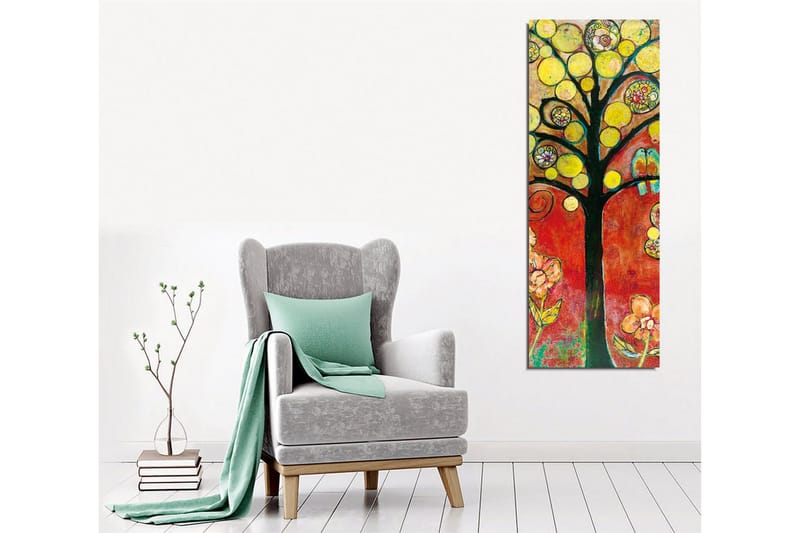 Lerretsbilde - Fargerikt trebilde med fugler og blomster - Gul / Rød / Grønn - Innredning - Bilder & kunst - Lerretsbilder