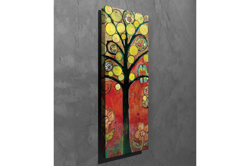 Lerretsbilde - Fargerikt trebilde med fugler og blomster - Gul / Rød / Grønn - Innredning - Bilder & kunst - Lerretsbilder