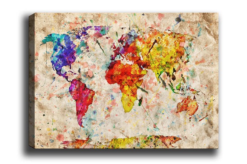 Lerretsbilde - Fargerikt verdenskart med abstrakte former, Blå / Rød / Gul