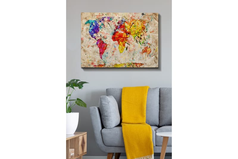 Lerretsbilde - Fargerikt verdenskart med abstrakte former - Blå / Rød / Gul - Innredning - Bilder & kunst - Lerretsbilder