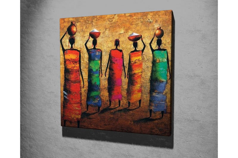 Lerretsbilde - Fem kvinner i fargerike kjoler som bærer potter på hodet - Rød / Grønn / Blå - Innredning - Bilder & kunst - Lerretsbilder