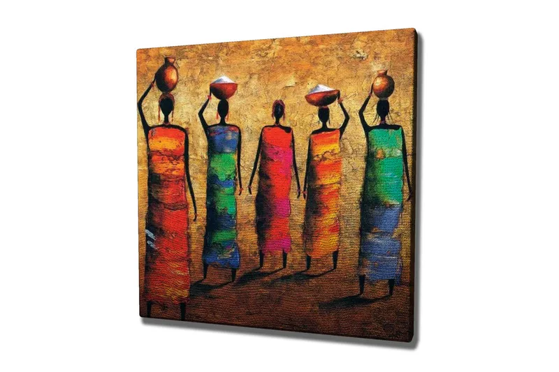 Lerretsbilde - Fem kvinner i fargerike kjoler som bærer potter på hodet - Rød / Grønn / Blå - Innredning - Bilder & kunst - Lerretsbilder
