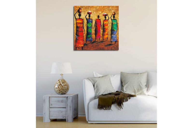 Lerretsbilde - Fem kvinner i fargerike kjoler som bærer potter på hodet - Rød / Grønn / Blå - Innredning - Bilder & kunst - Lerretsbilder