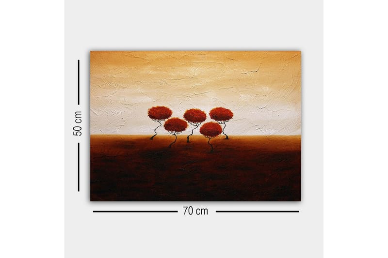 Lerretsbilde - Fem stiliserte trær med rødlig løvverk mot en varm, gyllen bakgrunn - Rød / Brun / Beige - Innredning - Bilder & kunst - Lerretsbilder