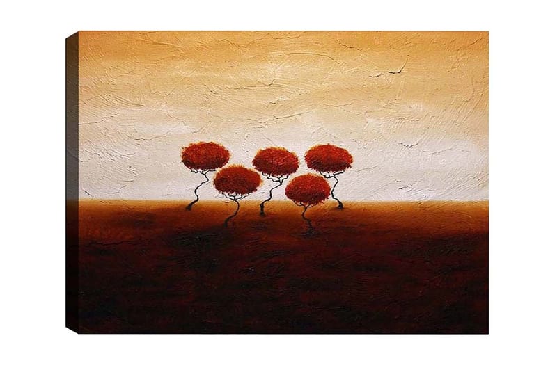 Lerretsbilde - Fem stiliserte trær med rødlig løvverk mot en varm, gyllen bakgrunn, Rød / Brun / Beige