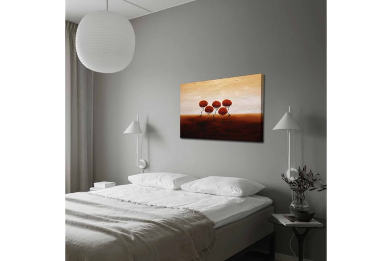 Lerretsbilde - Fem stiliserte trær med runde, røde kroner på en mykt bølgende bakgrunn - Rød / Brun / Beige - Innredning - Bilder & kunst - Lerretsbilder