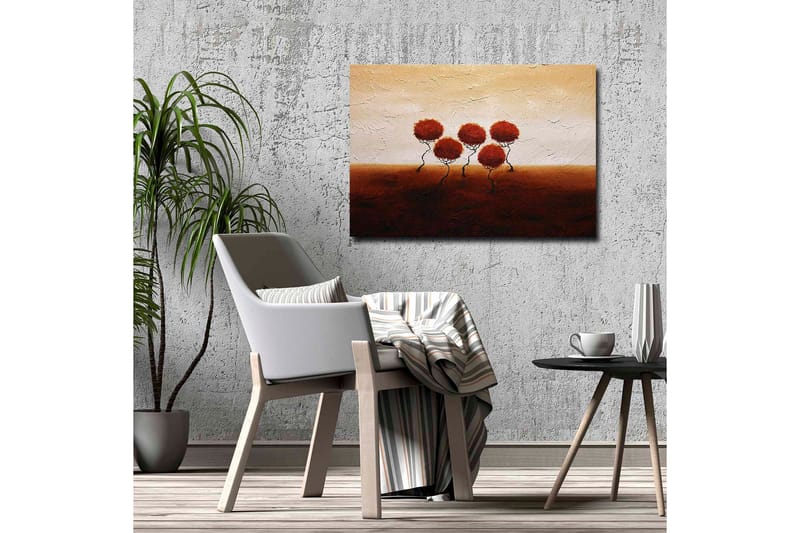 Lerretsbilde - Fem stiliserte trær med runde, røde kroner på en mykt bølgende bakgrunn - Rød / Brun / Beige - Innredning - Bilder & kunst - Lerretsbilder