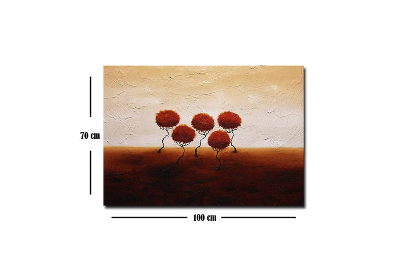 Lerretsbilde - Fem stiliserte trær med runde, røde kroner på en mykt bølgende bakgrunn - Rød / Brun / Beige - Innredning - Bilder & kunst - Lerretsbilder