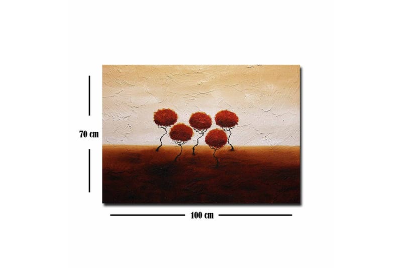 Lerretsbilde - Fem stiliserte trær med runde, røde kroner på en mykt bølgende bakgrunn - Rød / Brun / Beige - Innredning - Bilder & kunst - Lerretsbilder