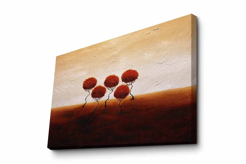 Lerretsbilde - Fem stiliserte trær med runde, røde kroner på en mykt bølgende bakgrunn, Rød / Brun / Beige