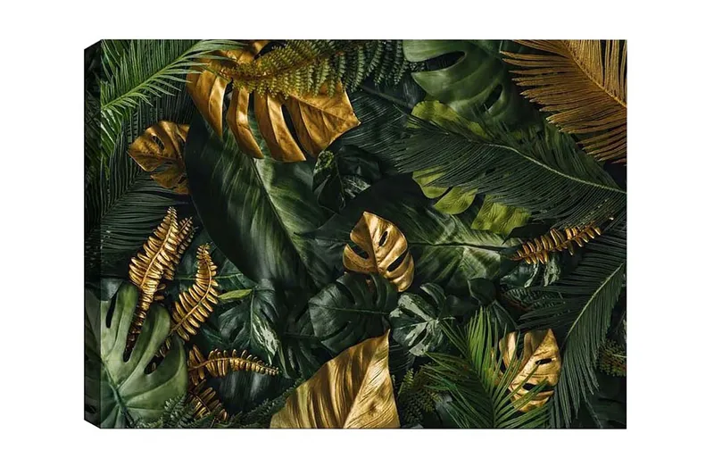 Lerretsbilde - Frodig samling av tropisk løvverk - Mørkegrønn / Gull / Lysegrønn - Innredning - Bilder & kunst - Lerretsbilder