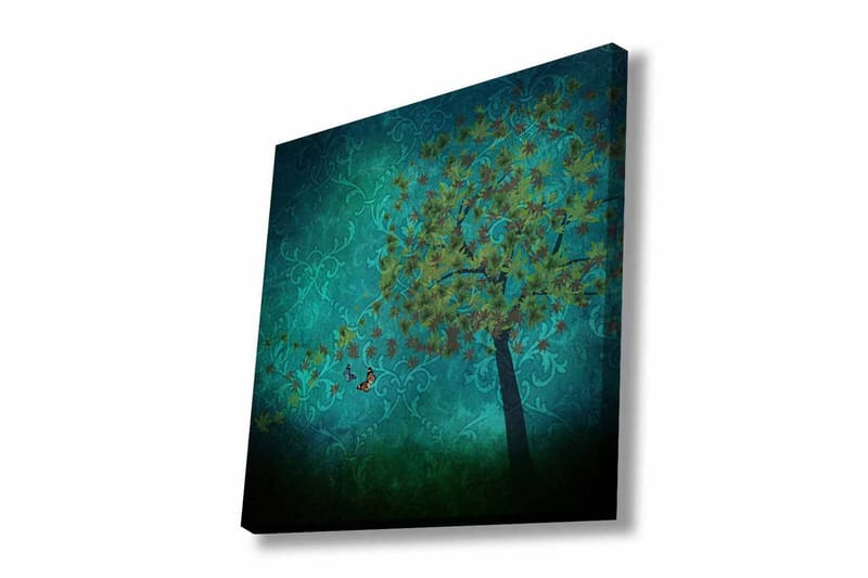 Lerretsbilde - Frodige trær med sommerfugler i en abstrakt bakgrunn, Turkis / Grønn / Brun