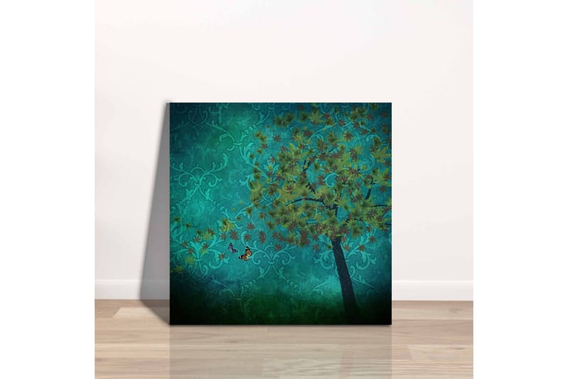 Lerretsbilde - Frodige trær med sommerfugler i en abstrakt bakgrunn - Turkis / Grønn / Brun - Innredning - Bilder & kunst - Lerretsbilder