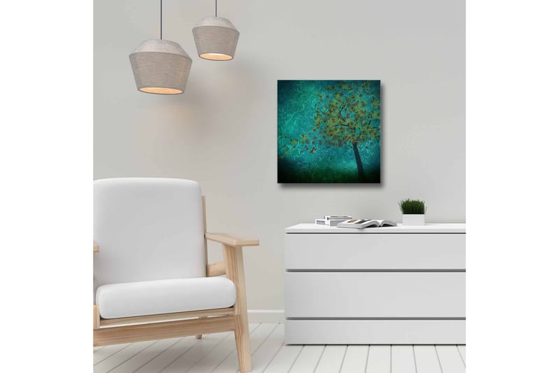 Lerretsbilde - Frodige trær med sommerfugler i en abstrakt bakgrunn - Turkis / Grønn / Brun - Innredning - Bilder & kunst - Lerretsbilder