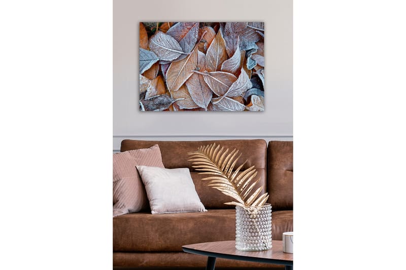 Lerretsbilde - Frosne høstblader i varme fargetoner - Oransje / Grå / Hvit - Innredning - Bilder & kunst - Lerretsbilder