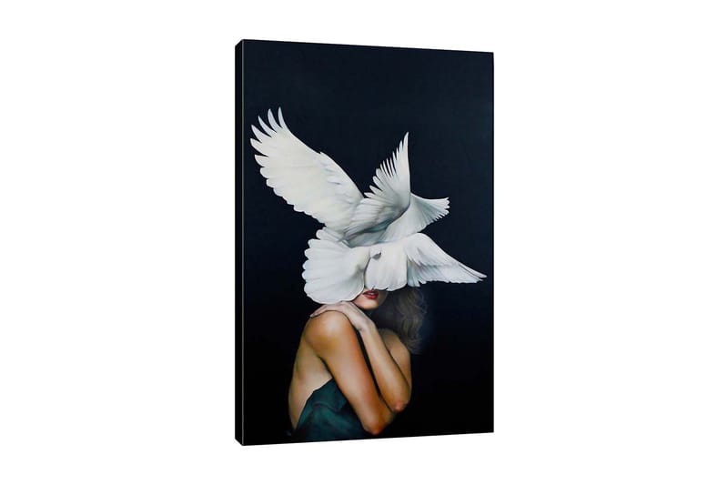 Lerretsbilde - Fugler som svever over en kvinne med bar skulder - Hvit / Svart / Hudfarge - Innredning - Bilder & kunst - Lerretsbilder