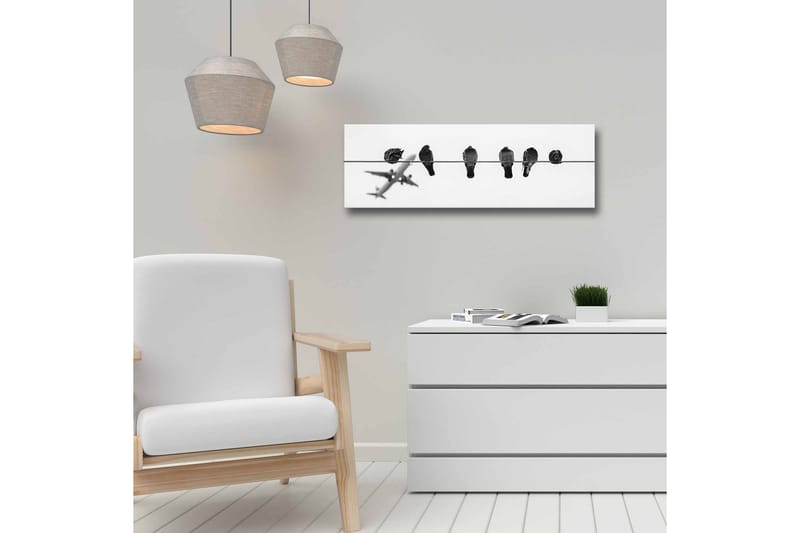 Lerretsbilde - Fugler på en wire med et fly i bakgrunnen - Svart / Hvit - Innredning - Bilder & kunst - Lerretsbilder