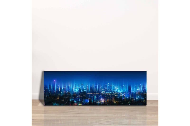 Lerretsbilde - Futuristisk bybilde med lyse skyskrapere - Mørk blå / Lys blå / Turkis - Innredning - Bilder & kunst - Lerretsbilder