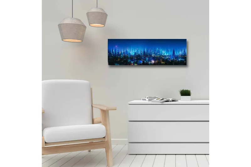 Lerretsbilde - Futuristisk bybilde med lyse skyskrapere - Mørk blå / Lys blå / Turkis - Innredning - Bilder & kunst - Lerretsbilder