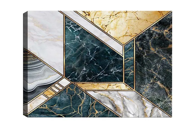 Lerretsbilde - Geometrisk komposisjon med marmorlignende overflater, Mørkegrønn / Hvit / Gull
