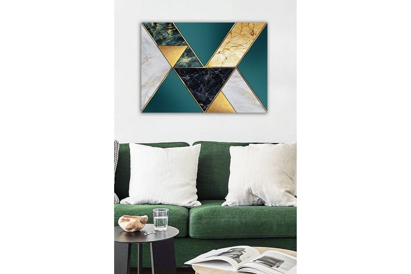 Lerretsbilde - Geometrisk komposisjon med trekanter i forskjellige materialer og farger - Mørkegrønn / Gull / Svart - Innredning - Bilder & kunst - Lerretsbilder