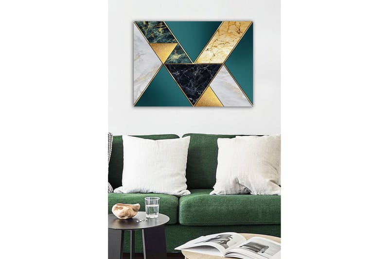 Lerretsbilde - Geometrisk komposisjon med trekanter i forskjellige materialer og farger - Mørkegrønn / Gull / Svart - Innredning - Bilder & kunst - Lerretsbilder