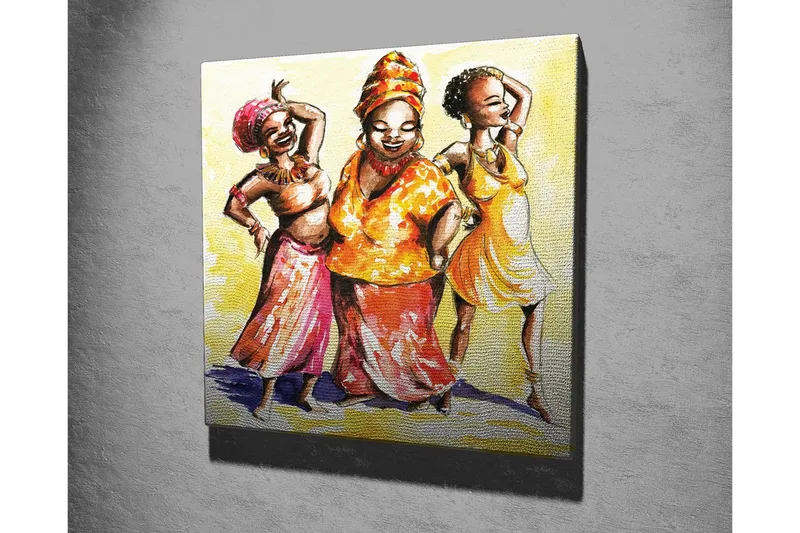Lerretsbilde - Glade kvinner i fargerike klær som danser - Gul / Oransje / Rosa - Innredning - Bilder & kunst - Lerretsbilder