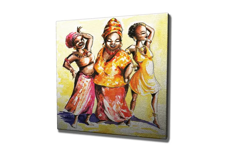 Lerretsbilde - Glade kvinner i fargerike klær som danser - Gul / Oransje / Rosa - Innredning - Bilder & kunst - Lerretsbilder