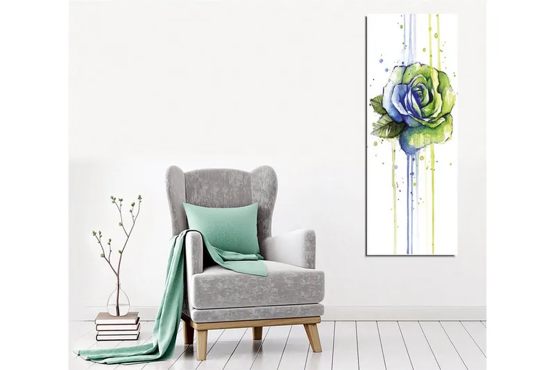 Lerretsbilde - Grønn og blå rose med dryppende akvarelleffekter - Grønn / Blå - Innredning - Bilder & kunst - Lerretsbilder