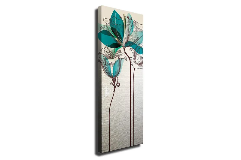 Lerretsbilde - Grafisk blomsterillustrasjon med turkise gjennomsiktige blader og brun linjetegning, Beige / Brun / Turkis