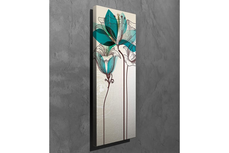 Lerretsbilde - Grafisk blomsterillustrasjon med turkise gjennomsiktige blader og brun linjetegning - Beige / Brun / Turkis - Innredning - Bilder & kunst - Lerretsbilder