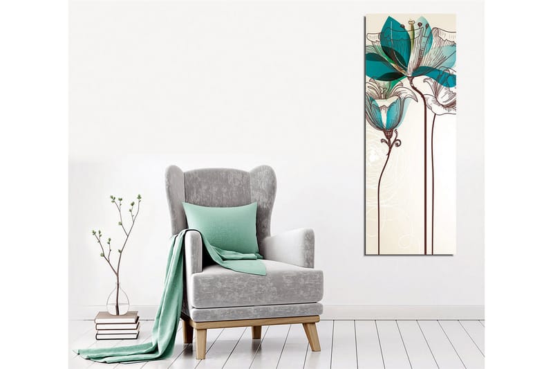 Lerretsbilde - Grafisk blomsterillustrasjon med turkise gjennomsiktige blader og brun linjetegning - Beige / Brun / Turkis - Innredning - Bilder & kunst - Lerretsbilder