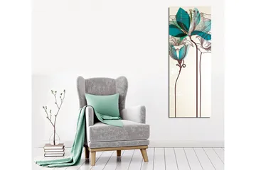 Lerretsbilde - Grafisk blomsterillustrasjon med turkise gjennomsiktige blader og brun linjetegning - Beige / Brun / Turkis - Innredning - Bilder & kunst - Lerretsbilder