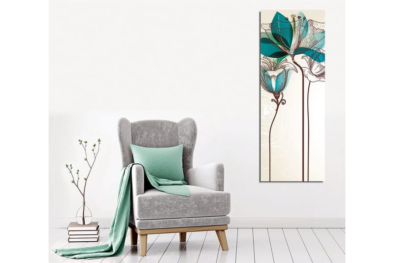 Lerretsbilde - Grafisk blomsterillustrasjon med turkise gjennomsiktige blader og brun linjetegning - Beige / Brun / Turkis - Innredning - Bilder & kunst - Lerretsbilder