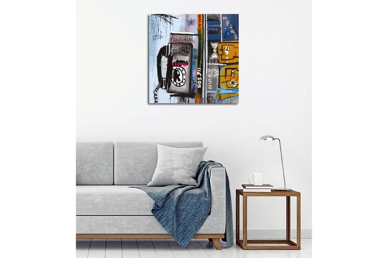 Lerretsbilde - Grafisk komposisjon med telefon og abstrakte figurer - Blå / Svart / Gul - Innredning - Bilder & kunst - Lerretsbilder