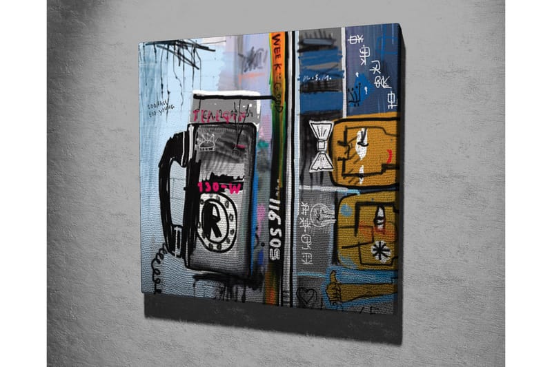 Lerretsbilde - Grafisk komposisjon med telefon og abstrakte figurer - Blå / Svart / Gul - Innredning - Bilder & kunst - Lerretsbilder