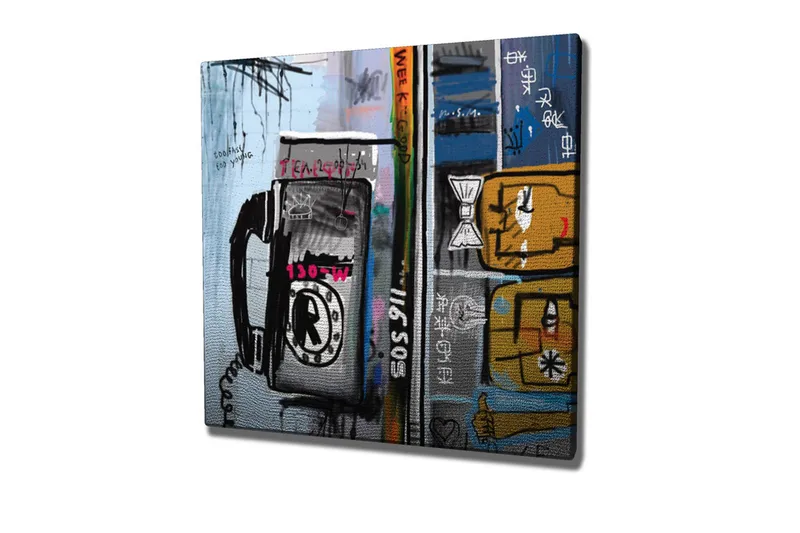 Lerretsbilde - Grafisk komposisjon med telefon og abstrakte figurer, Blå / Svart / Gul