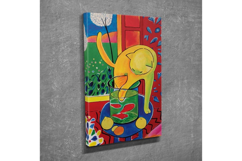 Lerretsbilde - Gul katt som leker med en glasskrukke med fisk - Gul / Grønn / Rød - Innredning - Bilder & kunst - Lerretsbilder