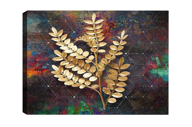 Lerretsbilde - Gyldne kvister av løvverk mot en fargerik bakgrunn, Gull / Mørk blå / Grønn
