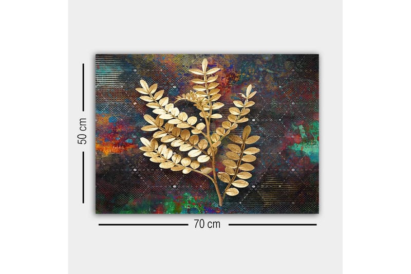Lerretsbilde - Gyldne kvister av løvverk mot en fargerik bakgrunn - Gull / Mørk blå / Grønn - Innredning - Bilder & kunst - Lerretsbilder