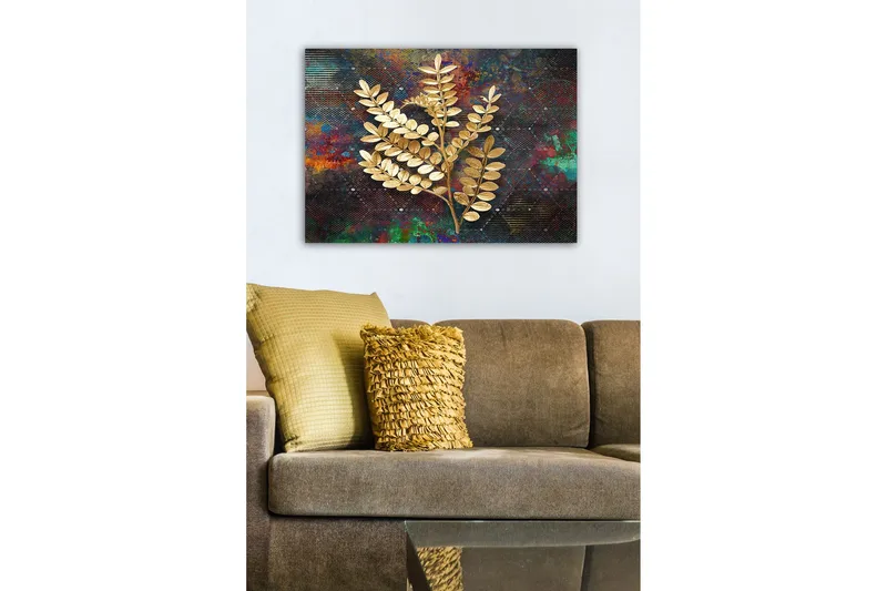 Lerretsbilde - Gyldne kvister av løvverk mot en fargerik bakgrunn - Gull / Mørk blå / Grønn - Innredning - Bilder & kunst - Lerretsbilder