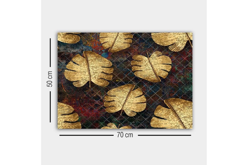 Lerretsbilde - Gyldne monsterablader mot en mørk bakgrunn - Gull / Mørk blå / Rød - Innredning - Bilder & kunst - Lerretsbilder