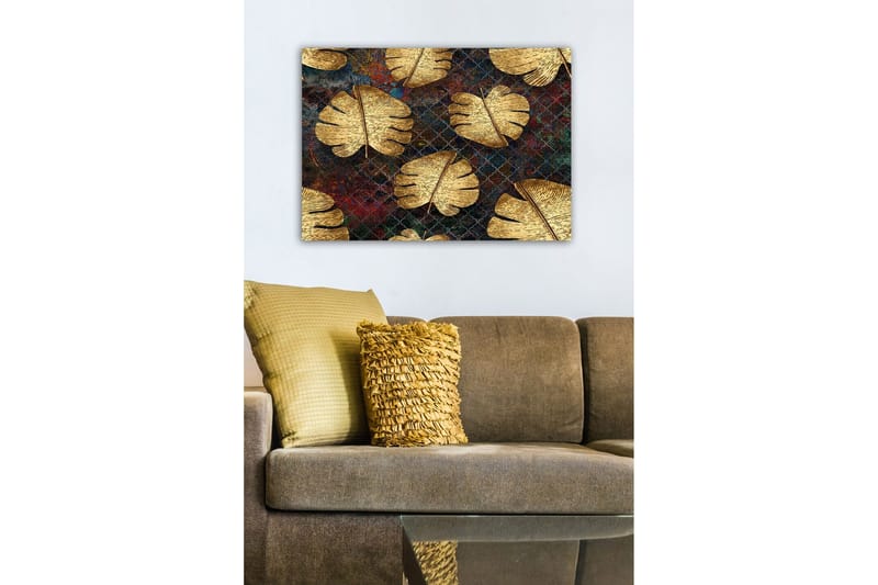 Lerretsbilde - Gyldne monsterablader mot en mørk bakgrunn - Gull / Mørk blå / Rød - Innredning - Bilder & kunst - Lerretsbilder