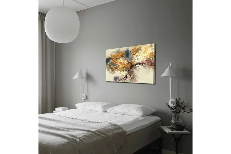 Lerretsbilde - Gyldne tregrener mot en myk bakgrunn - Gull / Brun / Blå - Innredning - Bilder & kunst - Lerretsbilder