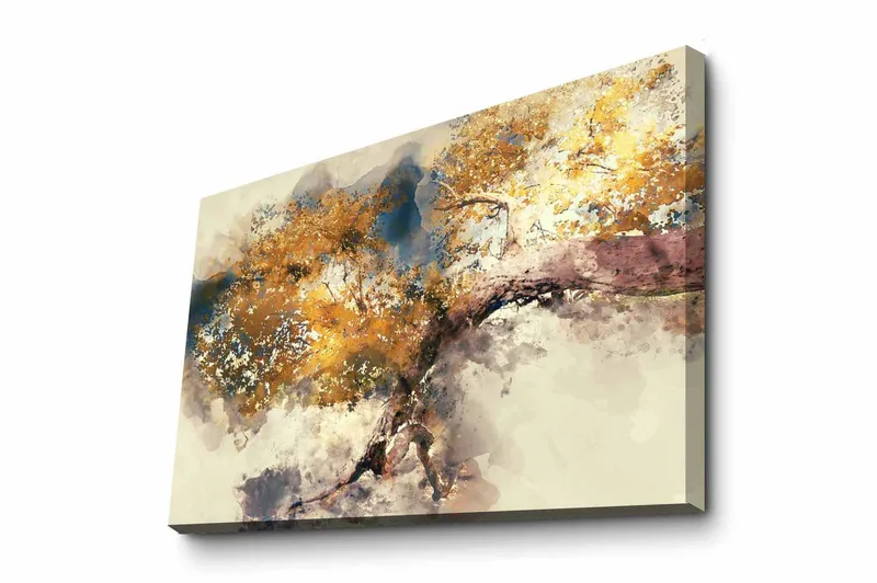 Lerretsbilde - Gyldne tregrener mot en myk bakgrunn, Gull / Brun / Blå