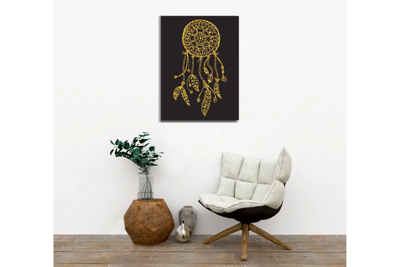 Lerretsbilde - Gyllen drømmefanger med detaljerte mønstre og anheng - Gull / Svart - Innredning - Bilder & kunst - Lerretsbilder