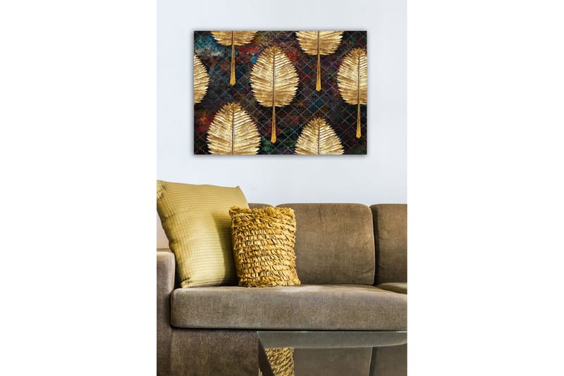 Lerretsbilde - Gylne blader i et mønstret arrangement - Gull / Mørk blå / Grønn - Innredning - Bilder & kunst - Lerretsbilder